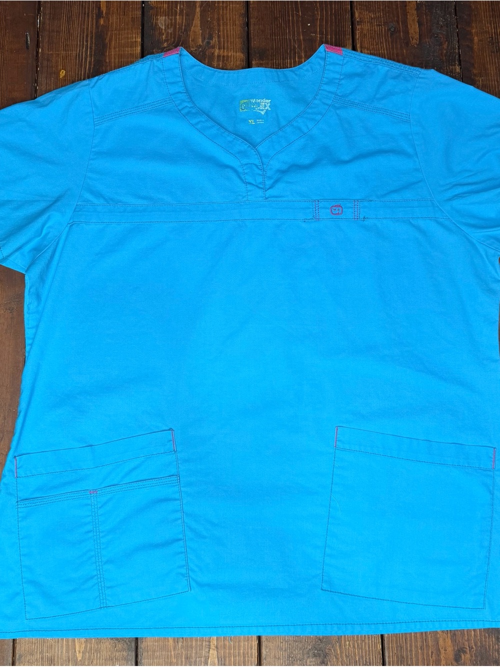 WonderWink Women's V-Neck Scrub Top in Bright Blue with Pink Accents